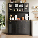 71" Tall 4-Door Kitchen Pantry Cabinet with Built-in Power Outlet- Freestanding Storage Hutch, Large Microwave Cabinet, Modern Farmhouse Design (Black) Oxirth