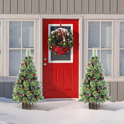 Jin&Bao 4FT Potted Christmas Tree with 100 Lights, Artificial Christmas Tree Outdoor Decor 8 Mode Timer Waterproof with Round Pine Cones & Red Berries for Front Door, Porch, 2 Pack