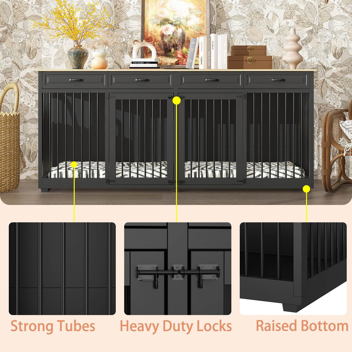 Timechee Extra Large Dog Crate, 86.6" Heavy Duty Wooden Dog Cage Furniture Dog Crate Kennel with Drawers & Removable Divider,Indoor Luxury Dog House with Double Rooms for XL L Breed Dogs, Black Timechee