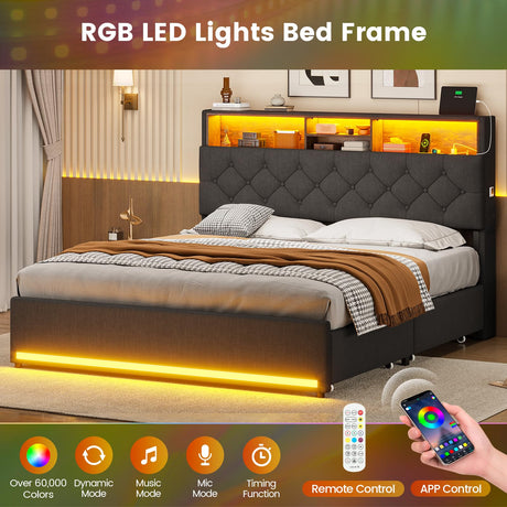 BTHFST Full Size Bed Frame with 4 Drawers & Charging Station, LED Bed Frame Full Size with Hidden Storage Headboard, Upholstered Metal Bed Full, No Box Spring Needed, Dark Grey BTHFST