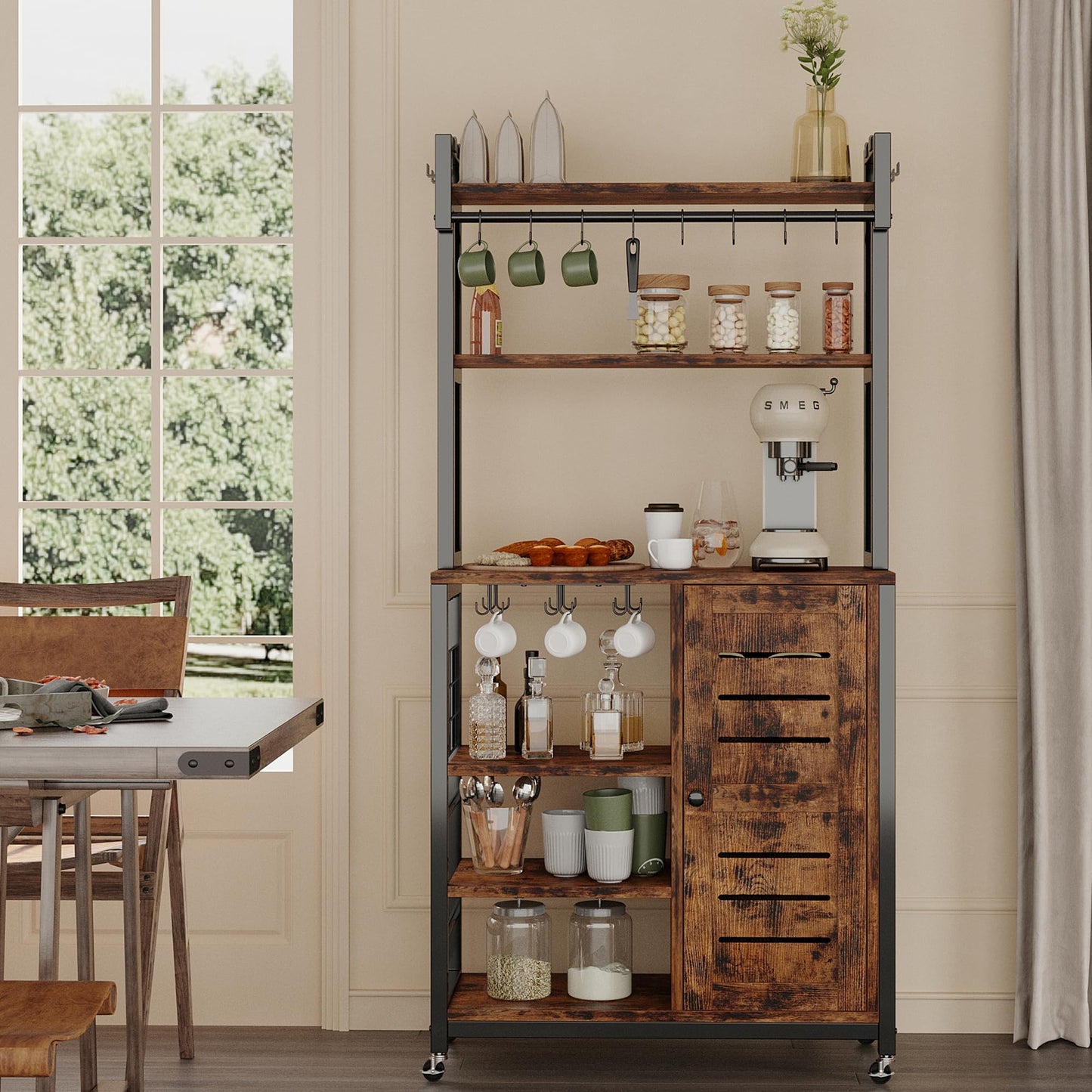 IRONCK Vintage Brown Bakers Rack with Power Outlets, Wheels, and Storage Cabinet - WoodArtSupply