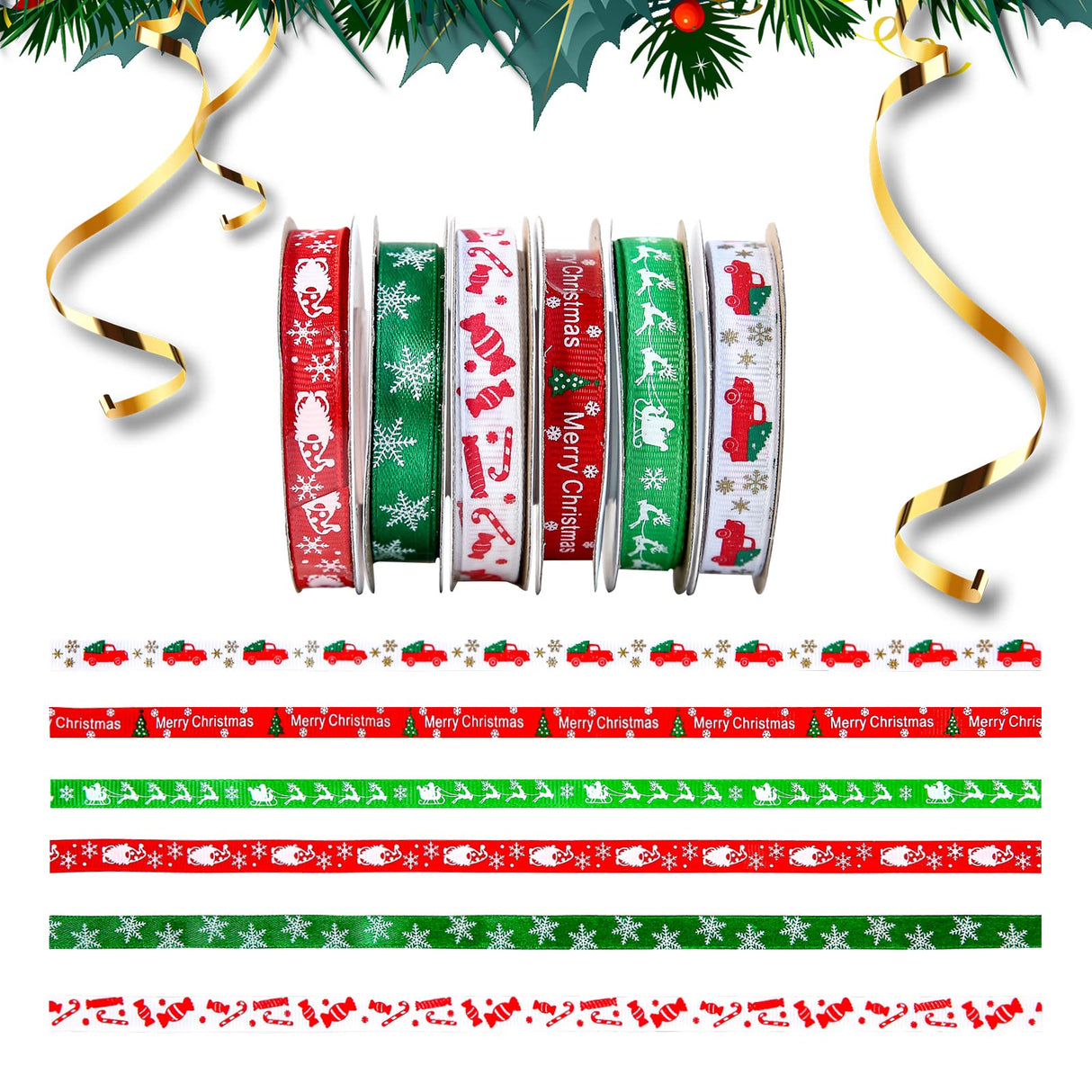 60 Yards 3/8" Christmas Ribbon for Crafts, White Red and Green Holiday Grosgrain Ribbon Christmas Ribbon for Gift Wrapping Festival Holiday Party Hair Bow Clips DIY Crafts Decoration (6 Rolls) DHAIQC