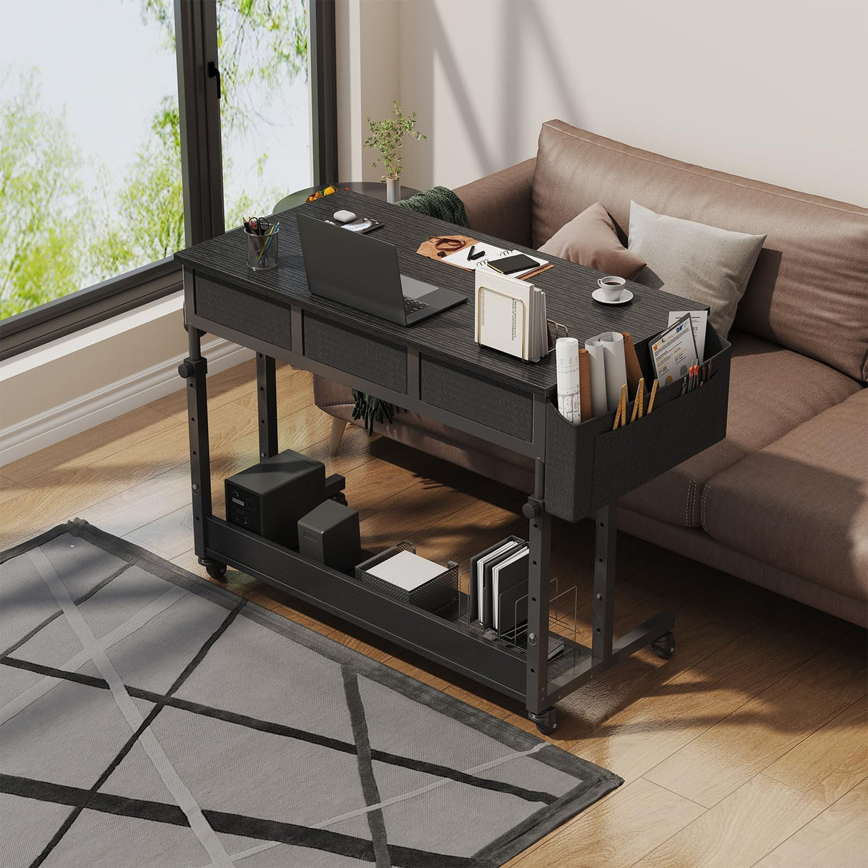 Rolling Standing Desk Adjustable Height with Drawers, 40 Inch Mobile Stand Up Portable Desks on Wheels for Bedroom Home Office, Couch Sofa Side Laptop Table with Storage, Black WINAZ