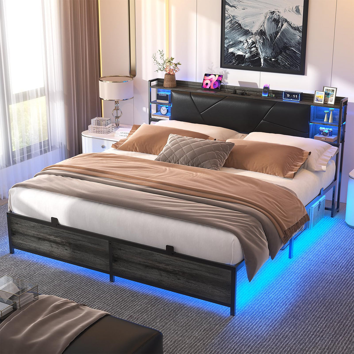 Unikito King Size Bed Frame with LED Lights, Power Outlets, and Upholstered Headboard in Black Oak Unikito