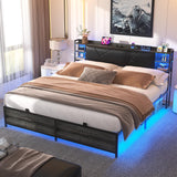 Unikito King Size Bed Frame with LED Lights, Power Outlets, and Upholstered Headboard in Black Oak Unikito