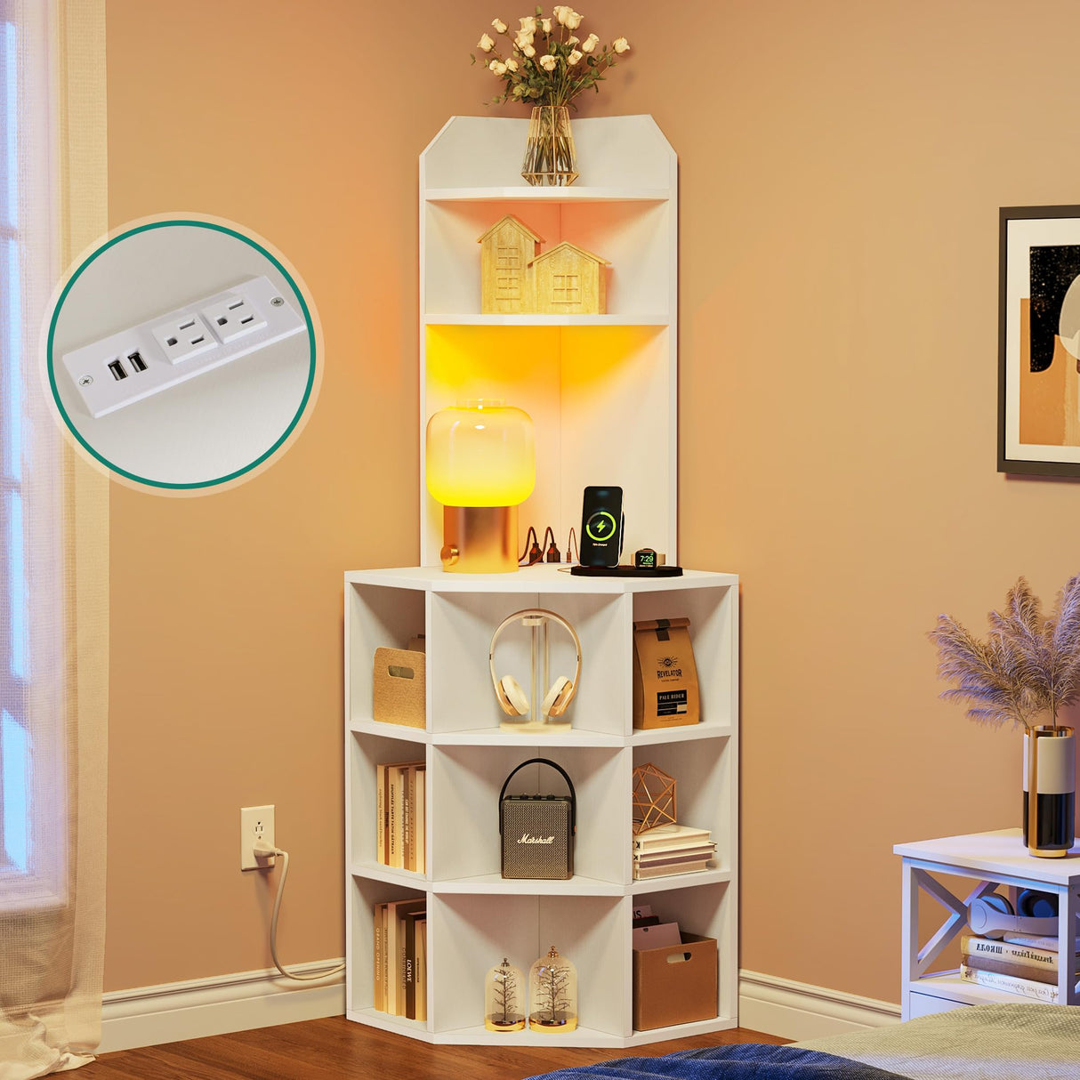 YITAHOME Corner Shelf with USB Ports & Outlets, Modern Corner Storage Cabinet Rack Charging Station, Wooden Display Bookshelf Bookcase for Living YITAHOME