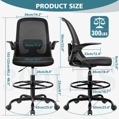 Winrise Drafting Chair Tall Office Chair Ergonomic Desk Chairs with Lumbar Support and Flip-up Armrests, Adjustable Height Comfy Computer Chair with Swivel Task and Adjustable Foot Ring(Black - WoodArtSupply