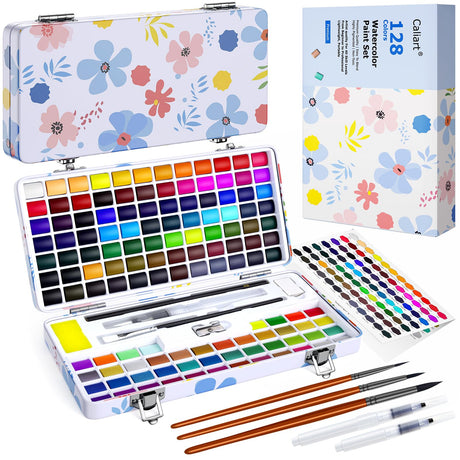 128 Colors Washable Watercolor Paint Set with 4 Brushes, Portable Travel Water Color Kit with Carrying Case, Palette and Accessories, Non-Toxic Art Supplies Gift for Artists Adult Teen Kids Girls Boys Caliart