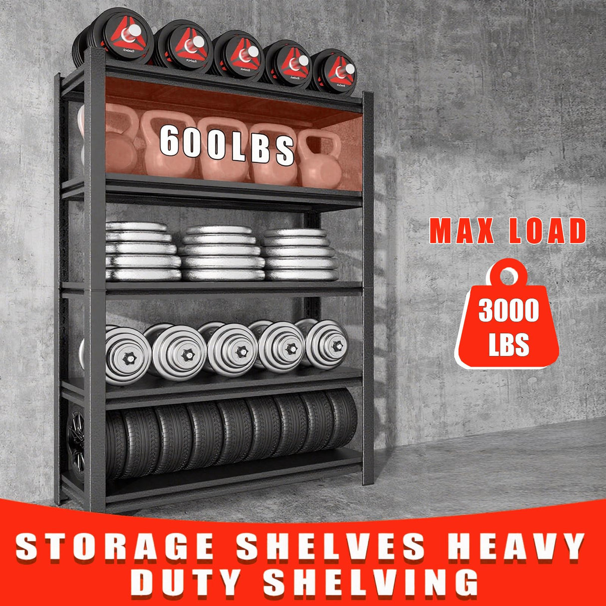 63''H Garage Shelves Heavy Duty Garage Shelving Units, 3000 LBS Capacity Industrial Shelving, Detachable and Adjustable 5-Tier Metal Storage Shelves for Warehouse, Basement, Black (63''H×40''W×18''D) ErgoNova