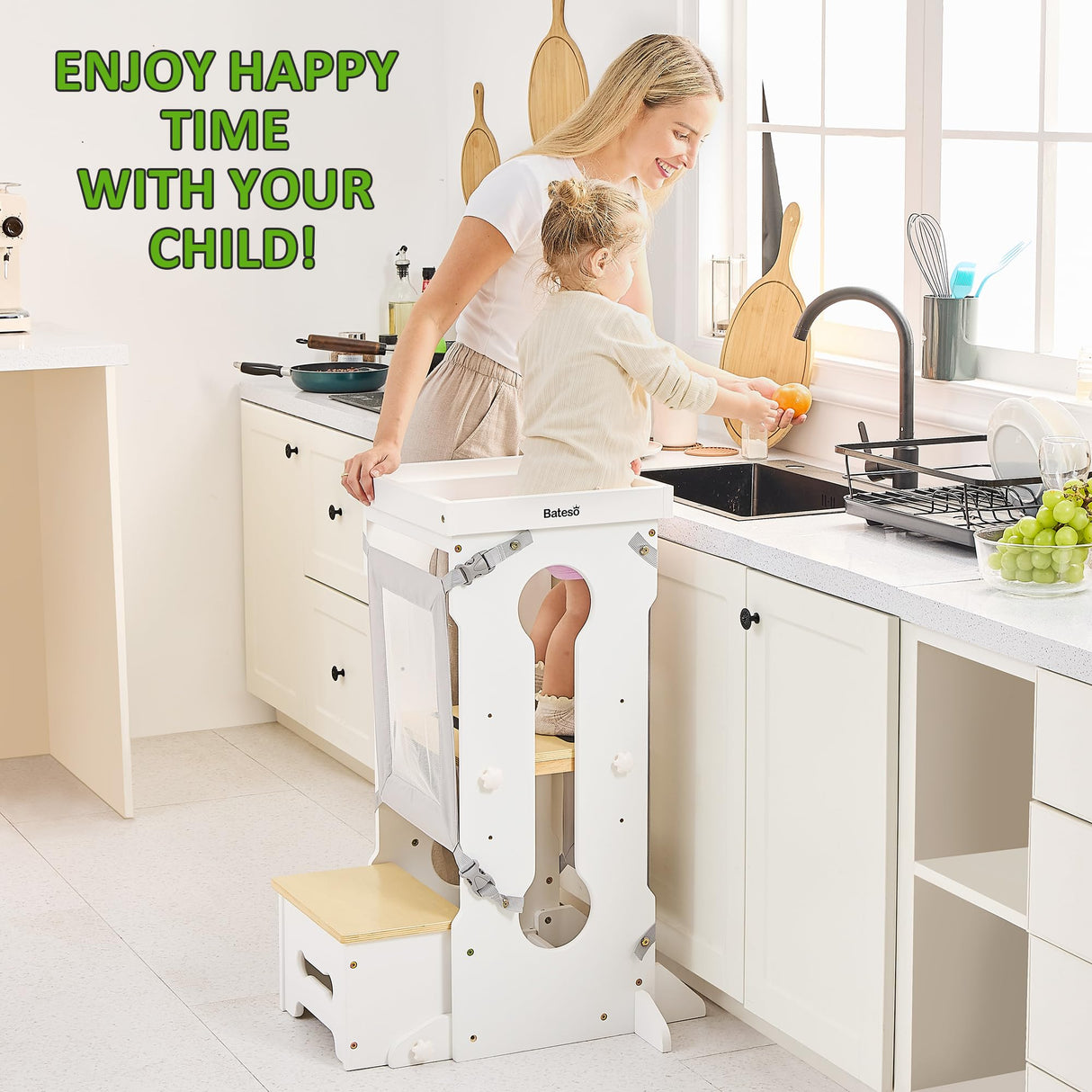 Bateso Toddler Standing Tower, Adjustable Height Toddler Kitchen Stool Helper for Kids 1-6, Toddler Kitchen Step Stool with 2 Detachable Nets, Wooden Montessori Toddler Tower for Kitchen Counter Bateso