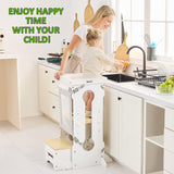 Bateso Toddler Standing Tower, Adjustable Height Toddler Kitchen Stool Helper for Kids 1-6, Toddler Kitchen Step Stool with 2 Detachable Nets, Wooden Montessori Toddler Tower for Kitchen Counter Bateso