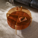 Saint Mossi Glass Round Coffee Table for Living Room, Middle-Century Modern Style, Coffee Brown Glass Top & Walnut Brown MDF Wood Top, with Gold Finish Legs & Frame SM Saint Mossi