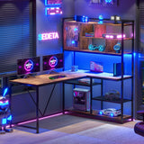 SEDETA 58'' L Shaped Computer Desk with LED Light and Bookshelf in Rustic Brown SEDETA