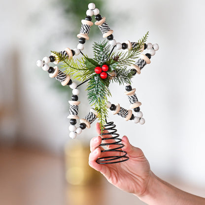 Ornativity Rattan Star Tree Topper – Christmas Farmhouse Decor Wooden Beads Rustic Tree Topper with Holly Mistletoe and Berry Wood Bead Trees Top Xmas Decorations 11.5"