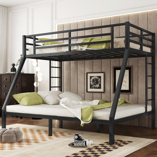 Twin XL Over Queen Bunk Bed for Adults, Twin XL Over Queen Bunk Beds with Ladder and Full Length Guardrail, Heavy Buty Bunk Beds Twin XL Over Queen Bunk Bed for Teens, Kids(Twin XL Over Black)