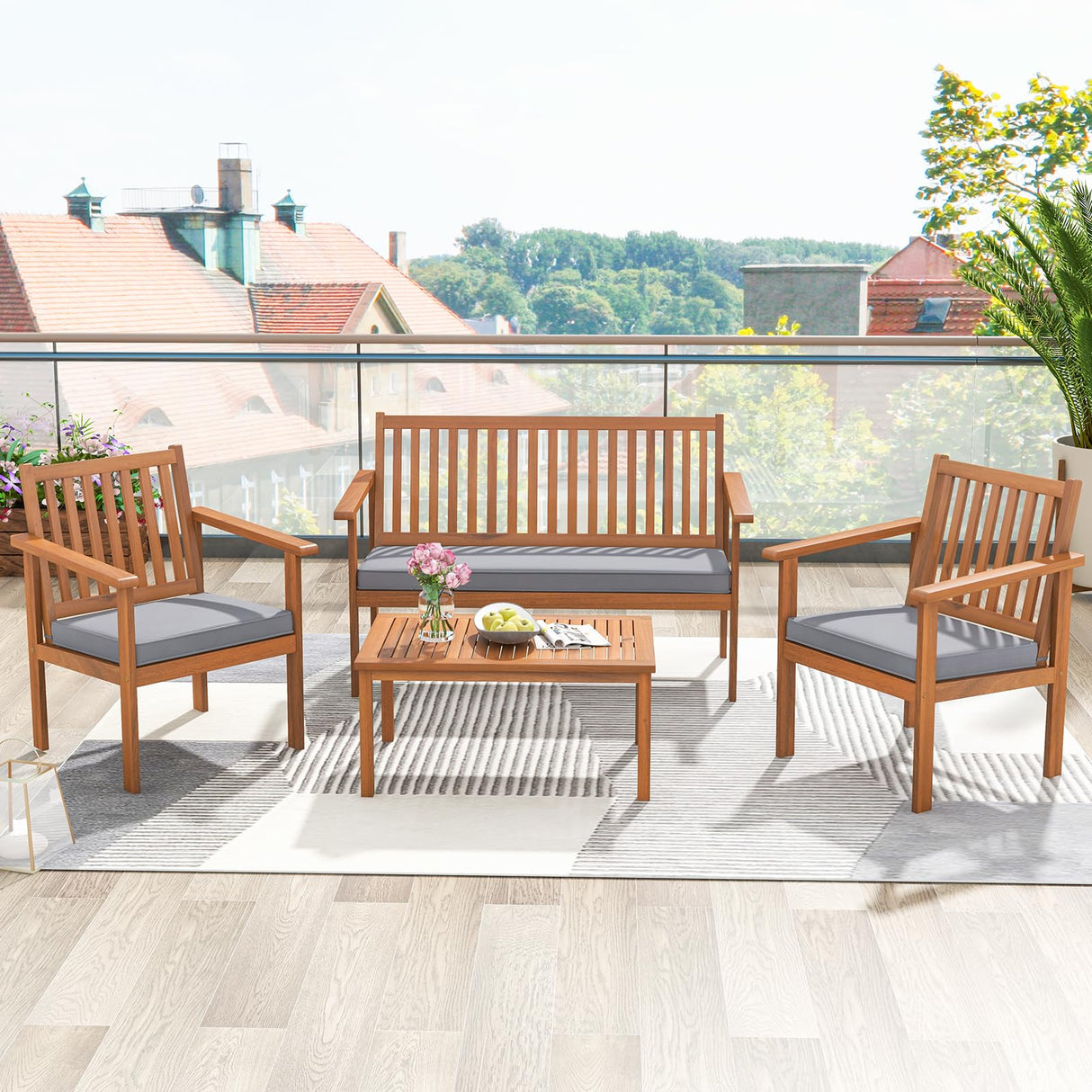 Tangkula 4 Piece Patio Wood Furniture Set, Acacia Wood Sofa Set w/Loveseat, 2 Chairs & Coffee Table, Soft Seat Cushions, Outdoor Wood Furniture Set for Porch, Yard, Balcony (Gray) Tangkula
