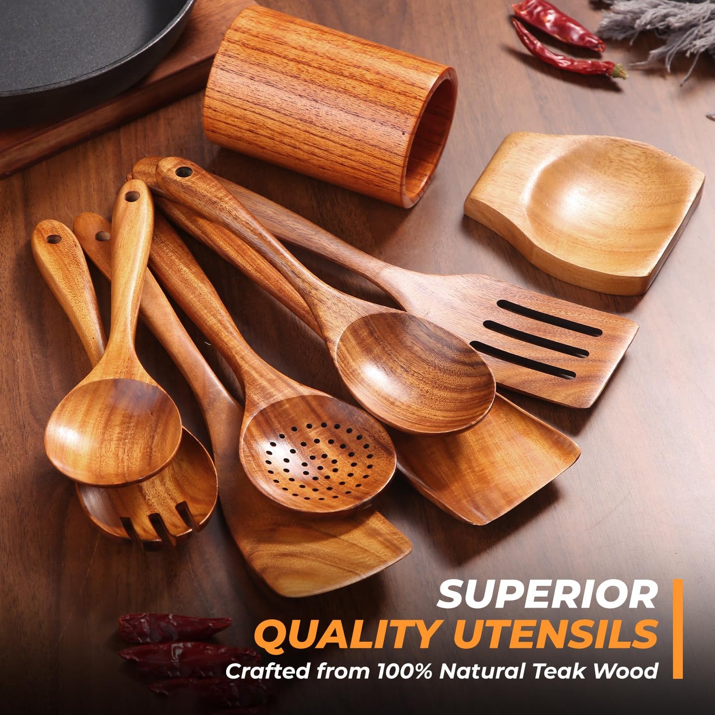 Natural Solid Teak Wooden Cooking Utensils for Nonstick Cookware, Wooden Kitchen Utensils Set Includes Spoons, Spatulas, Strainer Spoon, Salad Fork with Holder and Spoon Rest (9PCS)