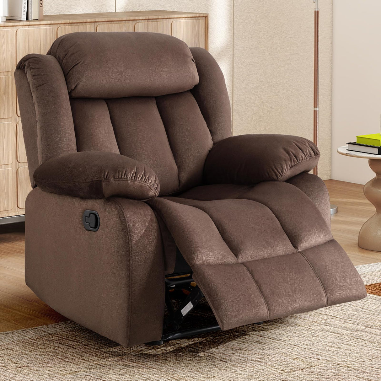 INZOY Manual Recliner Chair with Padded Armrest, Wall-Hugger Single Sofa Recliners with Overstuffed Back, Classical Fabric Reclining Chairs for Living Room Theater Seating, Brown INZOY