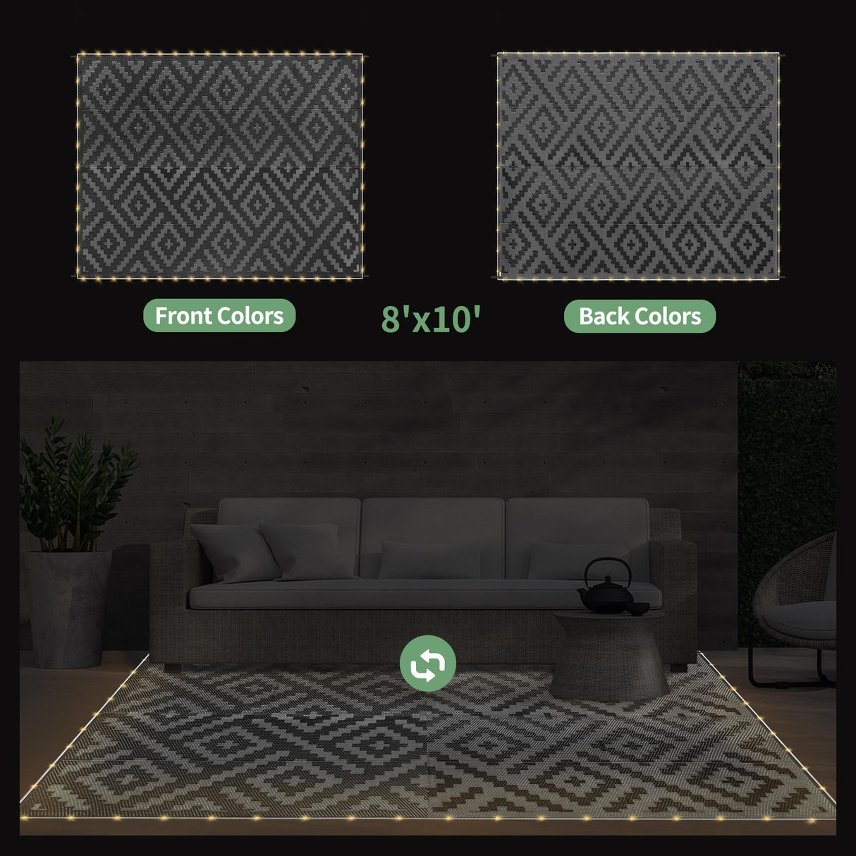 GENIMO Outdoor Rug with LED Strip Lights, 8'x10' Waterproof Camping Mat, Reversible Plastic Straw Rugs for Patio, RV, Camper, Balcony, Backyard, Picnic, Deck, Black & Gray GENIMO