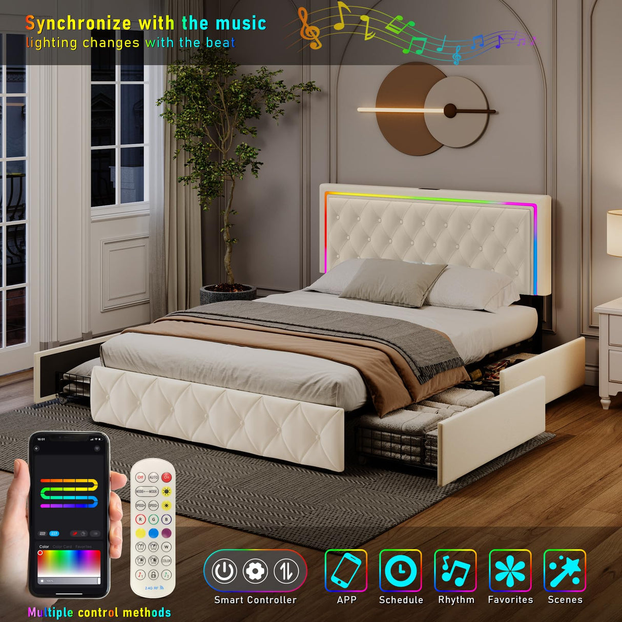 Elegant White Queen Bed Frame with LED Headboard, Storage Drawers, and Fast Charging Station XEPAMU
