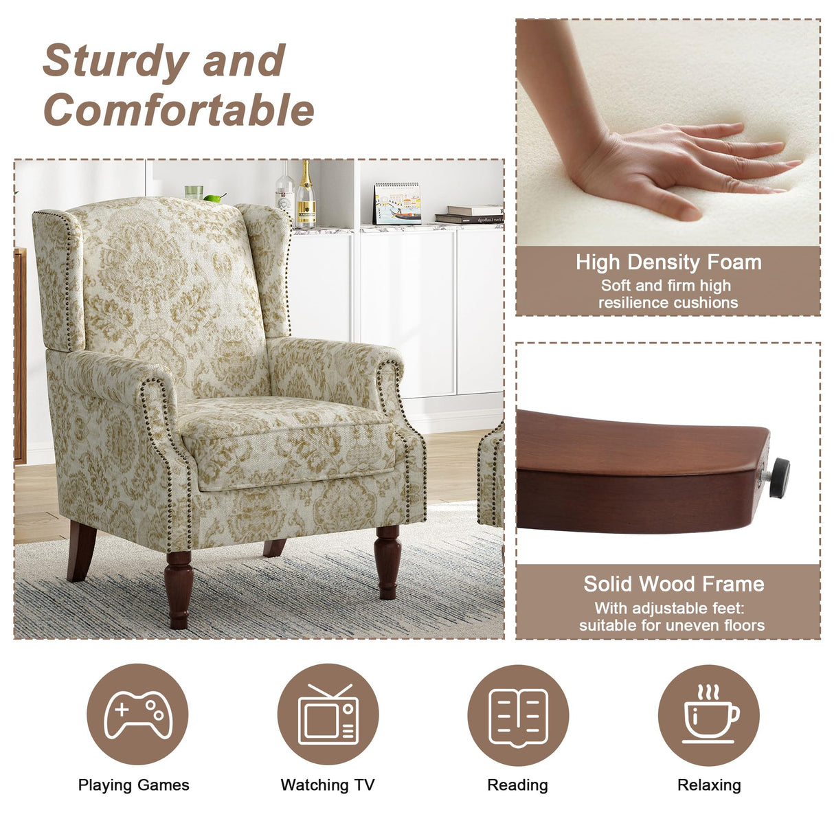 Pia Ricco High Back Floral Accent Chair - Retro Wingback Upholstered Armchair with Nailhead Trim, Solid Wood Legs, Fabric Living Room Bedroom Reading Chair (Flower White) Pia Ricco