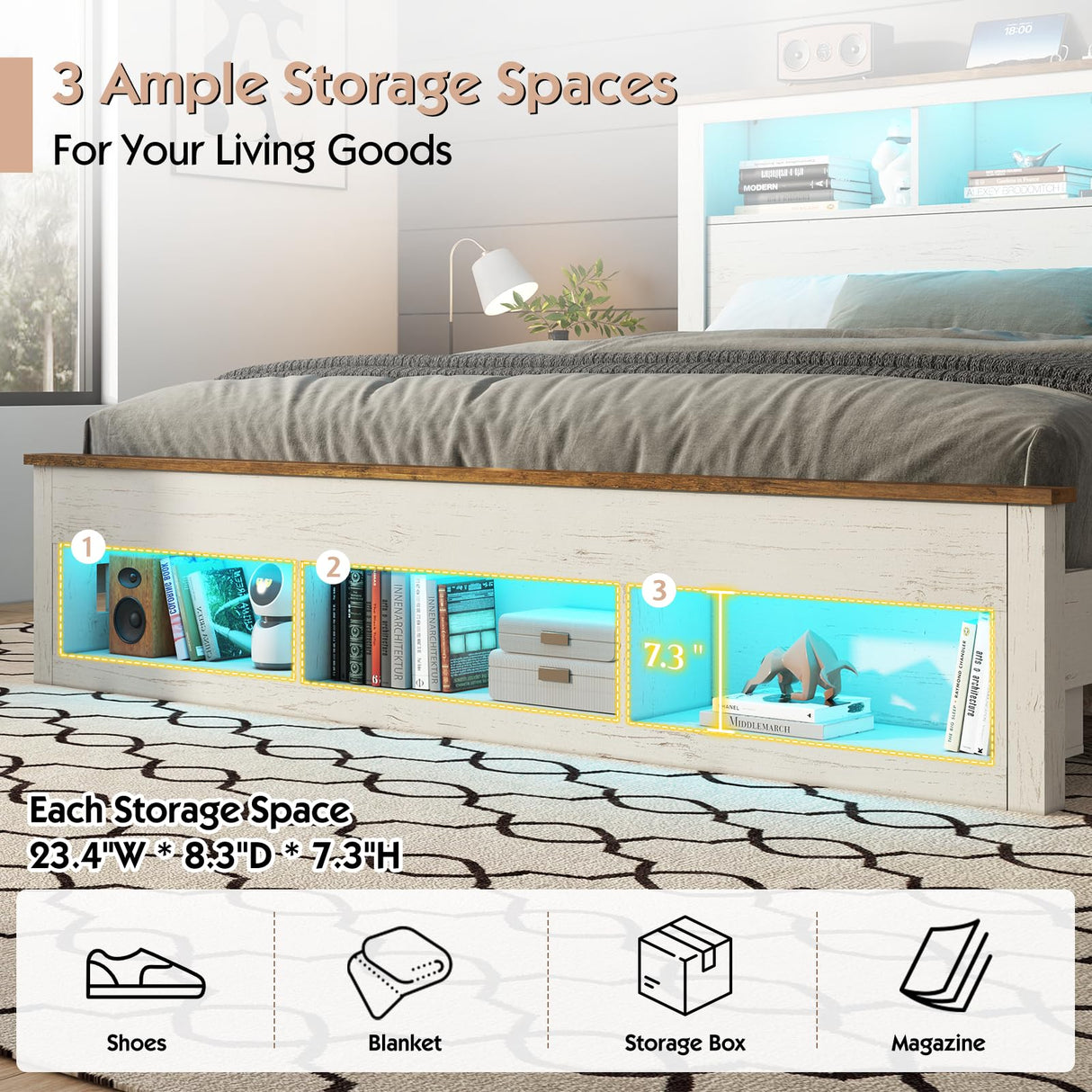 LUXOAK King Size Bed Frame with Bookcase Storage Headboard & Footboard, Farmhouse Wood Platform Bed with LED Light & Charging Station, No Box Spring Needed, White LUXOAK