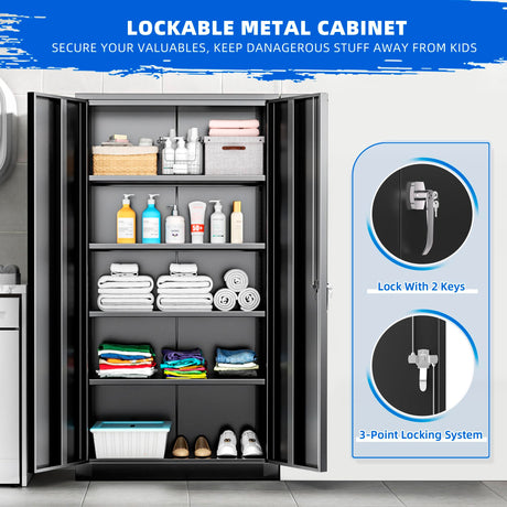 Superday Metal Garage Storage Cabinet with Lock, 72"×36"×18" Metal Storage Cabinets with 2 Doors and 4 Shelves, Black Locking Tool Cabinets for Home Office, Garage, File, Gym, School Superday