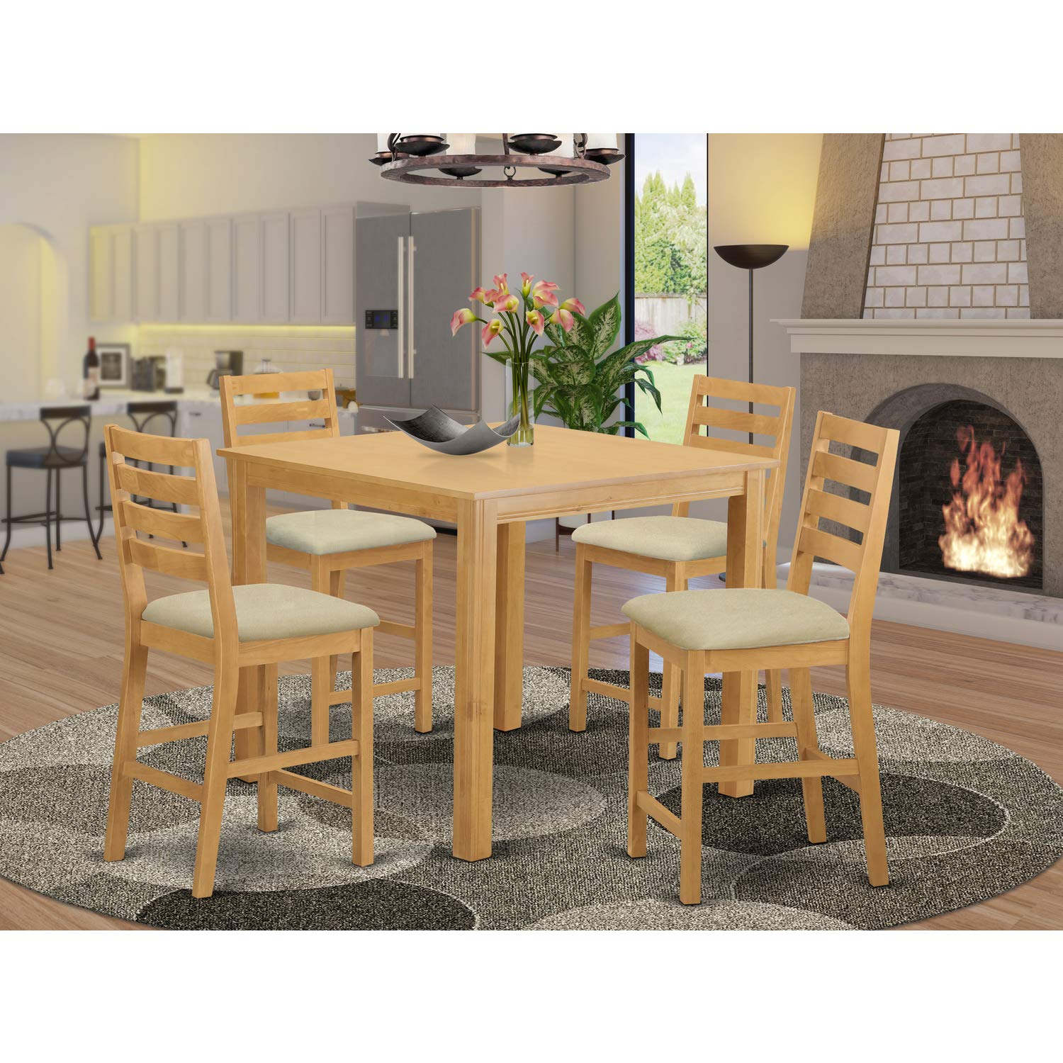 East West Furniture CAFE5-OAK-C Capri 5 Piece Counter Height Pub Set Includes a Square Table and 4 Linen Fabric Dining Room Chairs, 42x42 Inch, Oak - WoodArtSupply