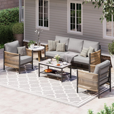 Oasbira Aluminum Outdoor Patio Furniture Set, HDPE Rope 4 Piece Modern Sectional Conversation Sets with Dual-Layer Coffee Table, All Weather Patio Couch Set with Thick Cushions, Gray Frame, Gray