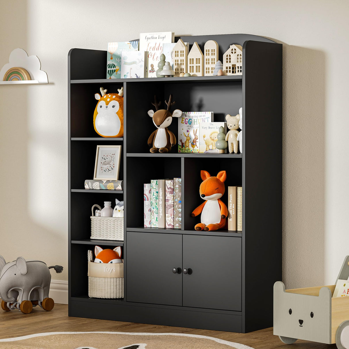 DIYART Black Kids Bookshelf, Kids Bookcase with 7 Cubbies and 2 Cabinets, Freestanding Book Storage Shelves for Bedroom, Playroom, Hallway DIYART