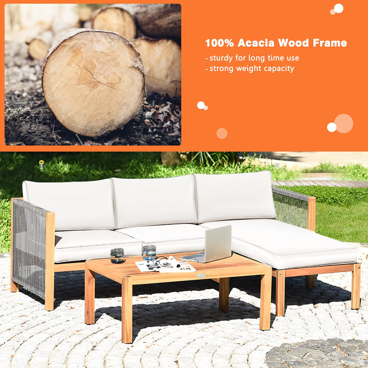 Tangkula L Shape Outdoor Furniture Set, 3 Piece Acacia Wood Patio Conversation Set, with 2 loveseats and Coffee Table, Garden Backyard Poolside Patio Seating Set (White) Tangkula