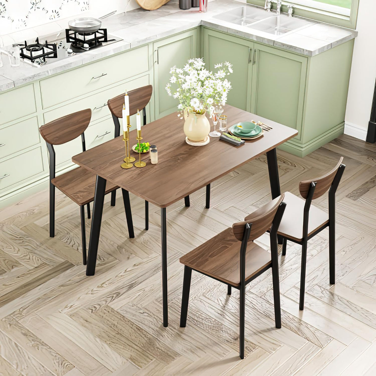 Lamerge Kitchen Dining Table Set for 4, Modern Rectangular 5 Piece Dining Room Table and Chairs Set, Brown Wooden Metal Table Set for Family Dinner, Party, Afternoon Tea and Work (Curved Moon) Lamerge