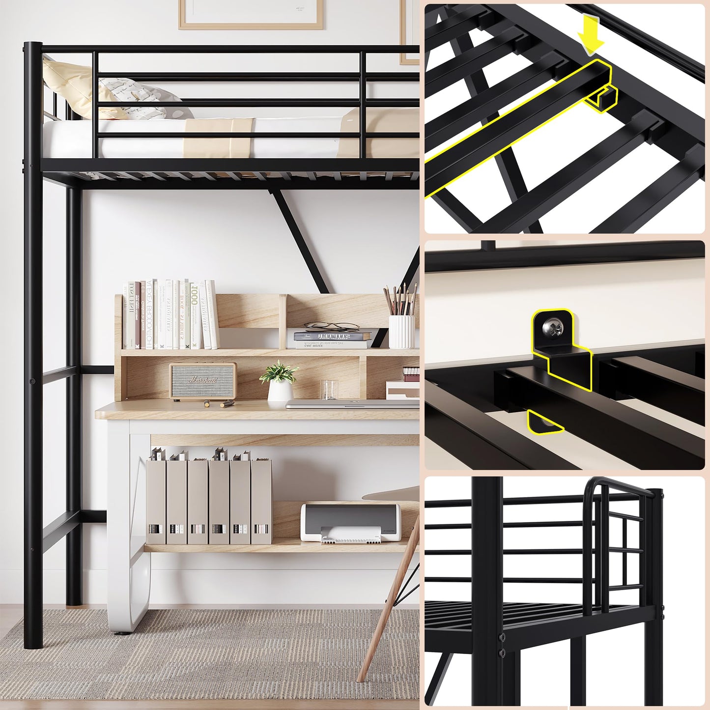 VECELO Twin Size Loft Bed with Full-Length Guardrails and Removable Ladder, Heavy-Duty Metal Frame, Space-Saving Design & Noise-Free, Black