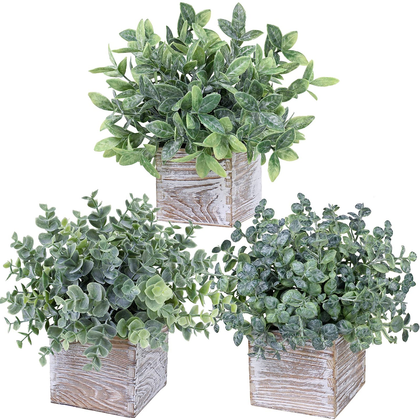 Winlyn Set of 3 Small Potted Plants Artificial Eucalyptus in Wood Box Faux Eucalyptus in Pots Desk Plants Greenery Centerpiece Table Decorations for Farmhouse Kitchen Windowsill Shelf Entrywa - WoodArtSupply