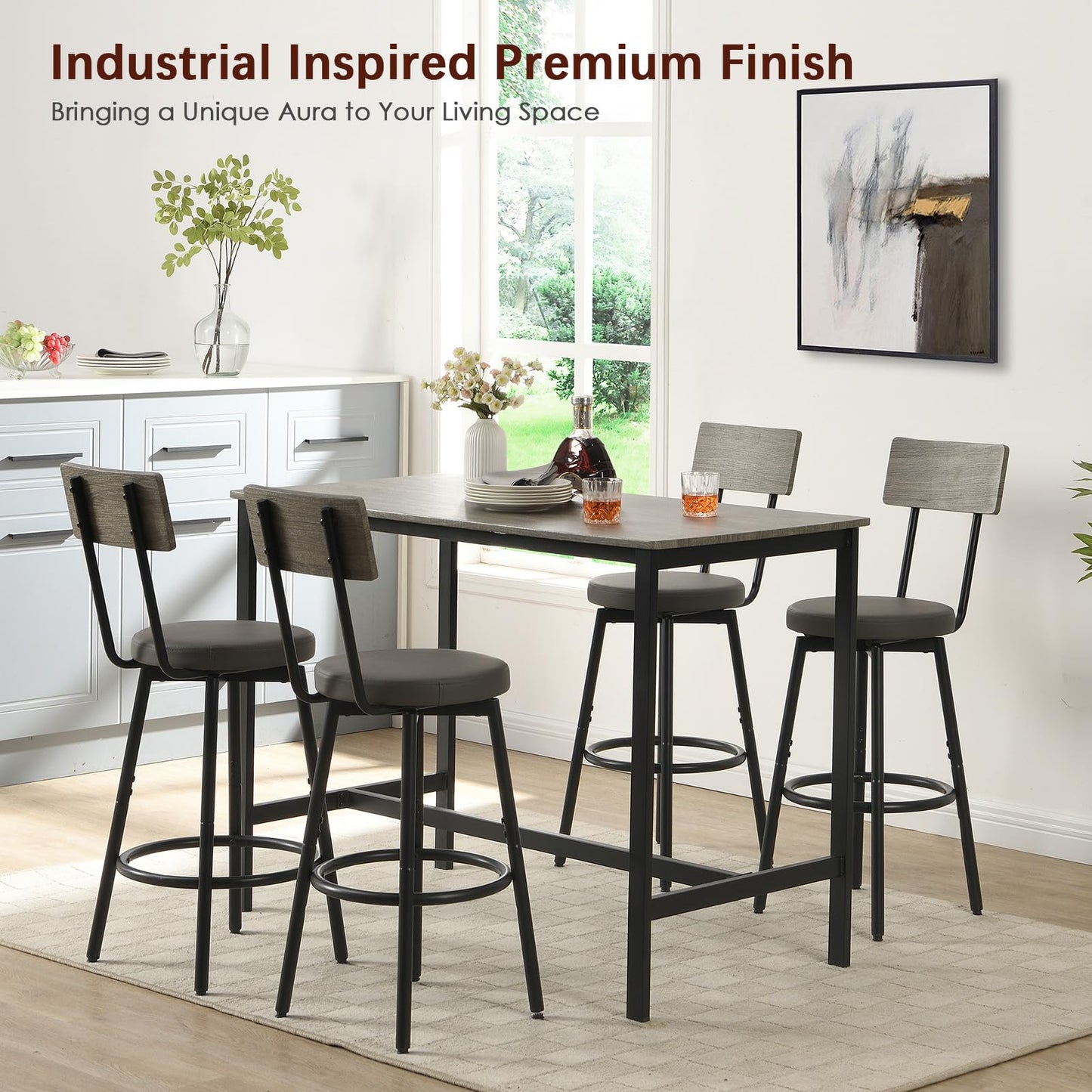 Tatub 5-Piece High Dining Table and Chairs Set in Grey for Elegant Spaces