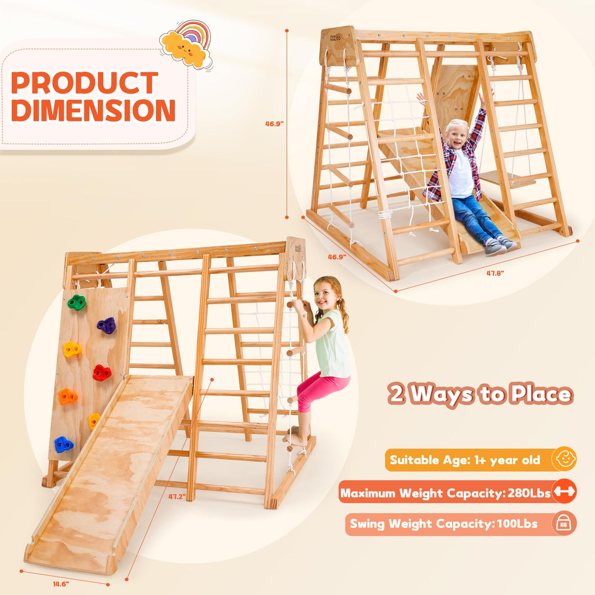 CoziBB Indoor Jungle Gym for Kids, 7-in-1 Toddler Indoor Playground with Slide, Swing and Climbing Rock, Wooden Montessori Climbing Toys for Toddlers, Jungle Gym Indoor Playset for Kids 1-10 Years CoziBB
