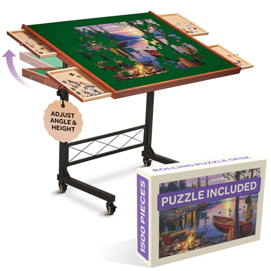 JoyBerri Jigsaw Puzzle Table/Rolling Puzzle Desk - 1500 Piece Puzzle Board with Bonus Puzzle/Portable Jigsaw Puzzle Tables with Drawers and Legs - Height Adjustable for Adults and Kids - WoodArtSupply