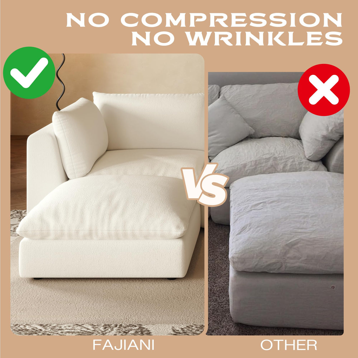 Fajiani Oversized Modular Sectional Sofa,Cloud Couch Deep Seat Sofa Cushion Covers Removable, Oversized Sectional Couches for Living Room (3 Seater+1 Ottoman-Cream White) Fajiani