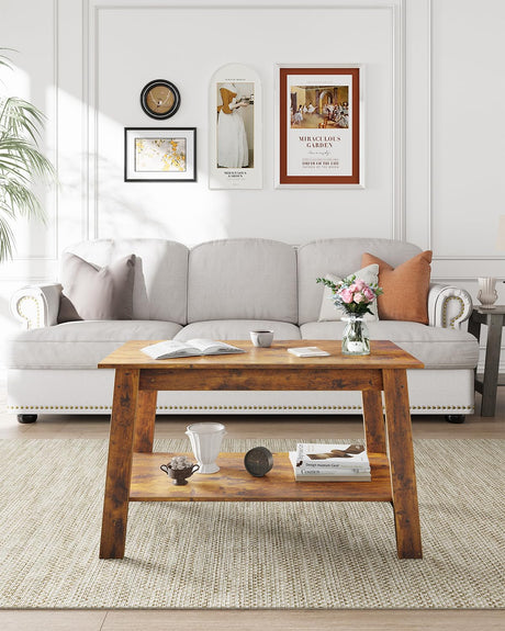 GarveeHome 2-Tie Coffee Table, Rustic Wood Living Room Tables with Open Rectangular Storage Compartment, Coffee Tables for Living Room, Outdoors, Home Office, Bedroom, Retro Brown GarveeHome