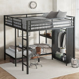 King Over Twin XL Size Metal Bunk Bed Frame with Built-in Wardrobe and Foldable Desk,for Kids Teens Adults Bedroom Use (Black@i, King Over Twin XL) KLMM