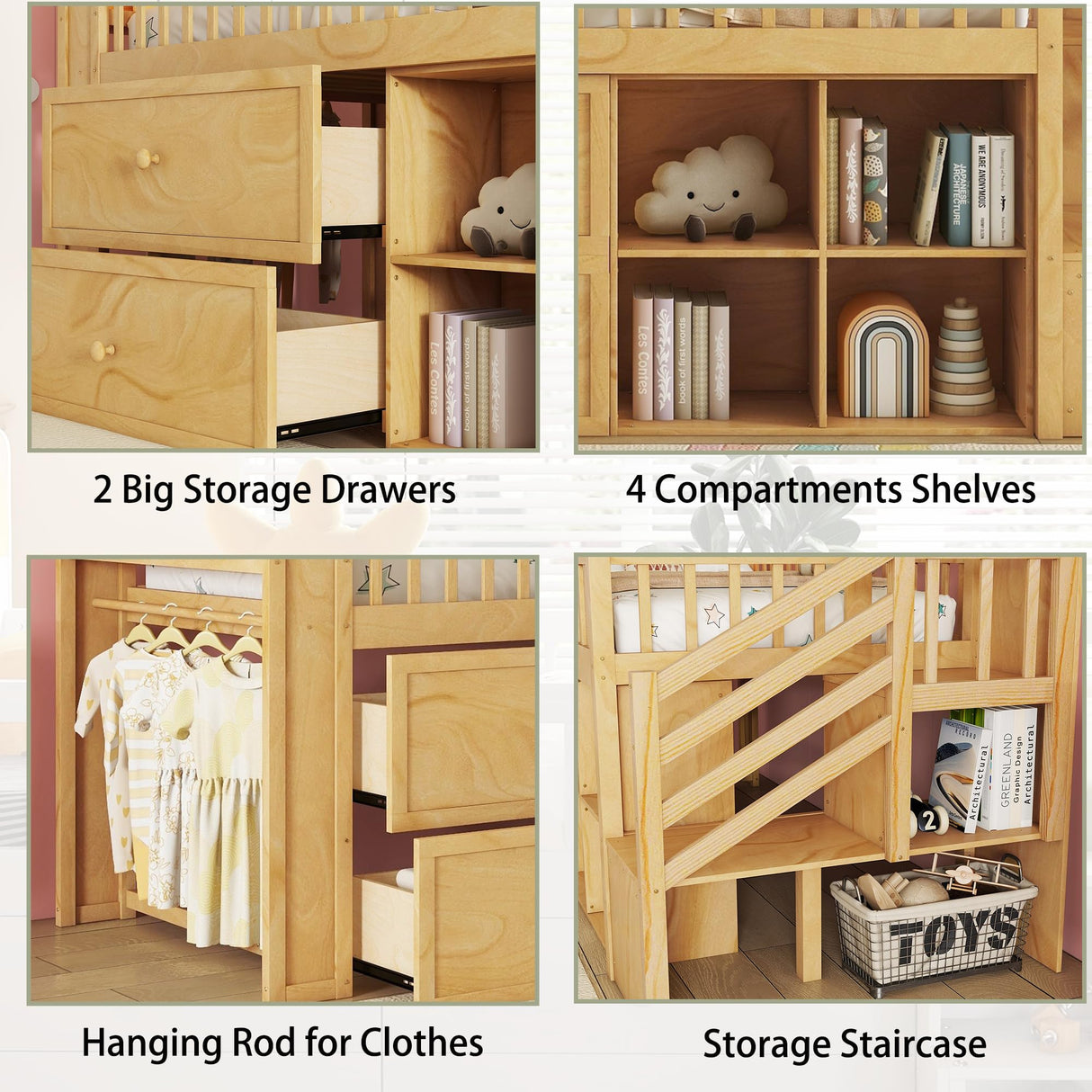 Low Loft Bed with LED Lights and Bookshelf, Wooden Kids Loft Bed with Stairs and Safety Guardrail, Low Loft Bed Twin with 2 Storage Drawers and Shelves for Girls Boys,No Box Spring Needed, Natural Mirightone