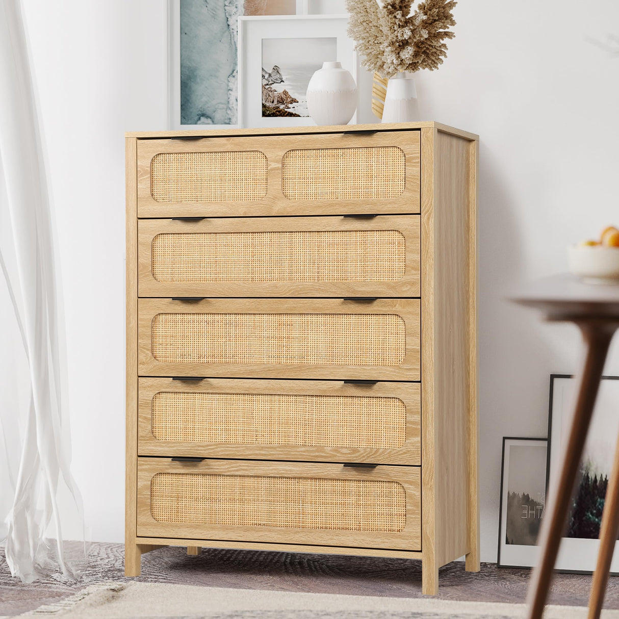 LEVNARY 5 Drawer Chest Dresser, Rattan Tall Dresser 5 Chest of Drawers for Bedroom, Wood Storage Cane Cabinet with Metal Handles, for Living Room, Hallway, Nursery (Natural) LEVNARY