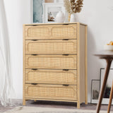 LEVNARY 5 Drawer Chest Dresser, Rattan Tall Dresser 5 Chest of Drawers for Bedroom, Wood Storage Cane Cabinet with Metal Handles, for Living Room, Hallway, Nursery (Natural) LEVNARY