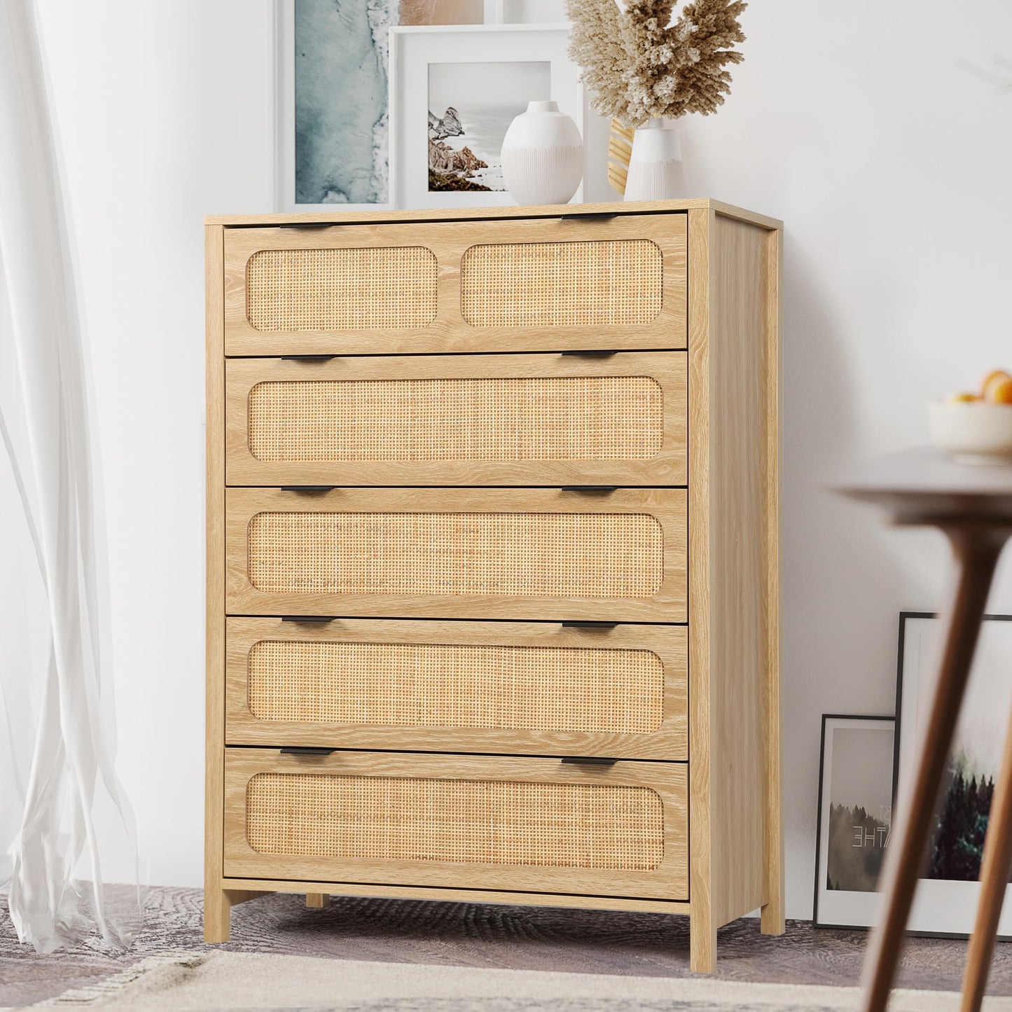 UHMUVFM 5 Drawer Dresser with Rattan Finish, Modern Farmhouse Chest of Drawers with Metal Handles, Accent Wood Storage Cabinet for Bedroom, Living Room and Kitchen (Natural) - WoodArtSupply