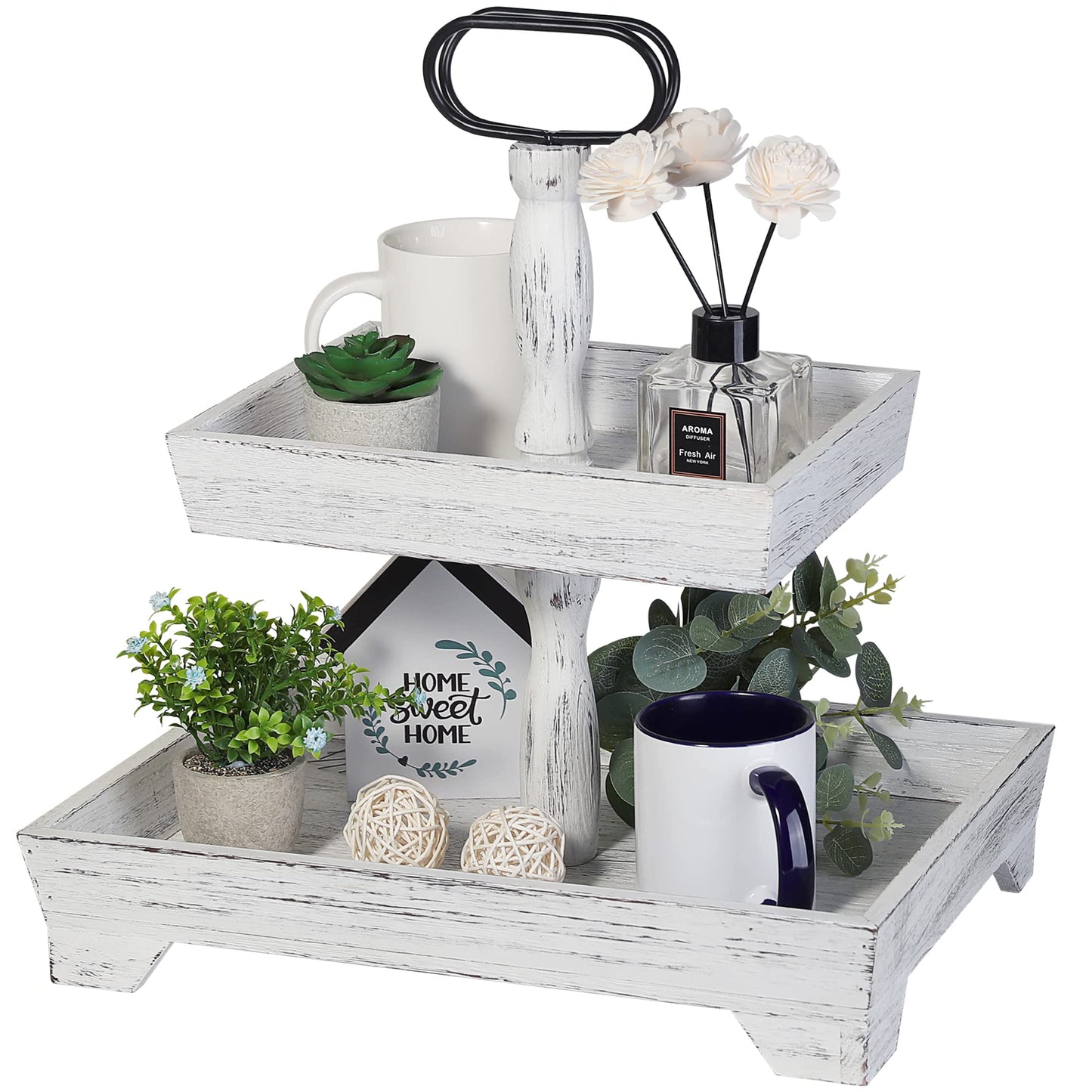 Eufrozy Farmhouse Tiered Tray Stand Wood, Rustic Tiered Tray Decor Holder 2 Tiered Decorative Wooden Serving Tray Rectangular with Metal Handle for Kitchen Table Decor Housewarming Gifts White