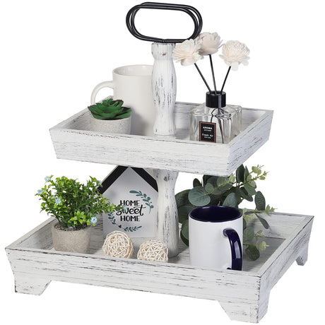 Eufrozy Farmhouse Tiered Tray Stand Wood, Rustic Tiered Tray Decor Holder 2 Tiered Decorative Wooden Serving Tray Rectangular with Metal Handle for Kitchen Table Decor Housewarming Gifts White Eufrozy