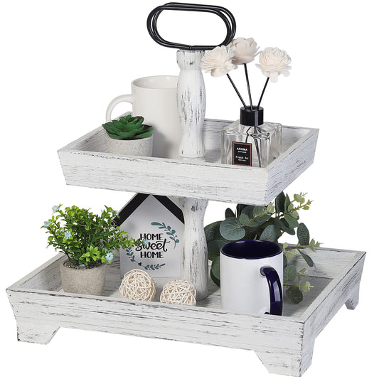 Eufrozy Farmhouse Tiered Tray Stand Wood, Rustic Tiered Tray Decor Holder 2 Tiered Decorative Wooden Serving Tray Rectangular with Metal Handle for Kitchen Table Decor Housewarming Gifts White