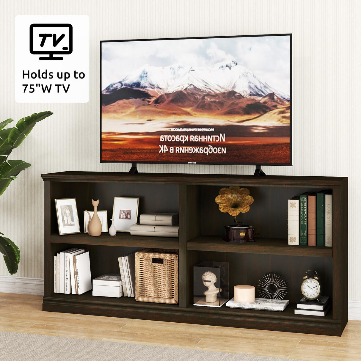 blini Low Horizontal Bookshelf Double Wide 64" 2-Tier Bookcase 4 Cube Storage Organizer Cherry Wood Bookcases for Bedroom and Home Office Decor Display blini