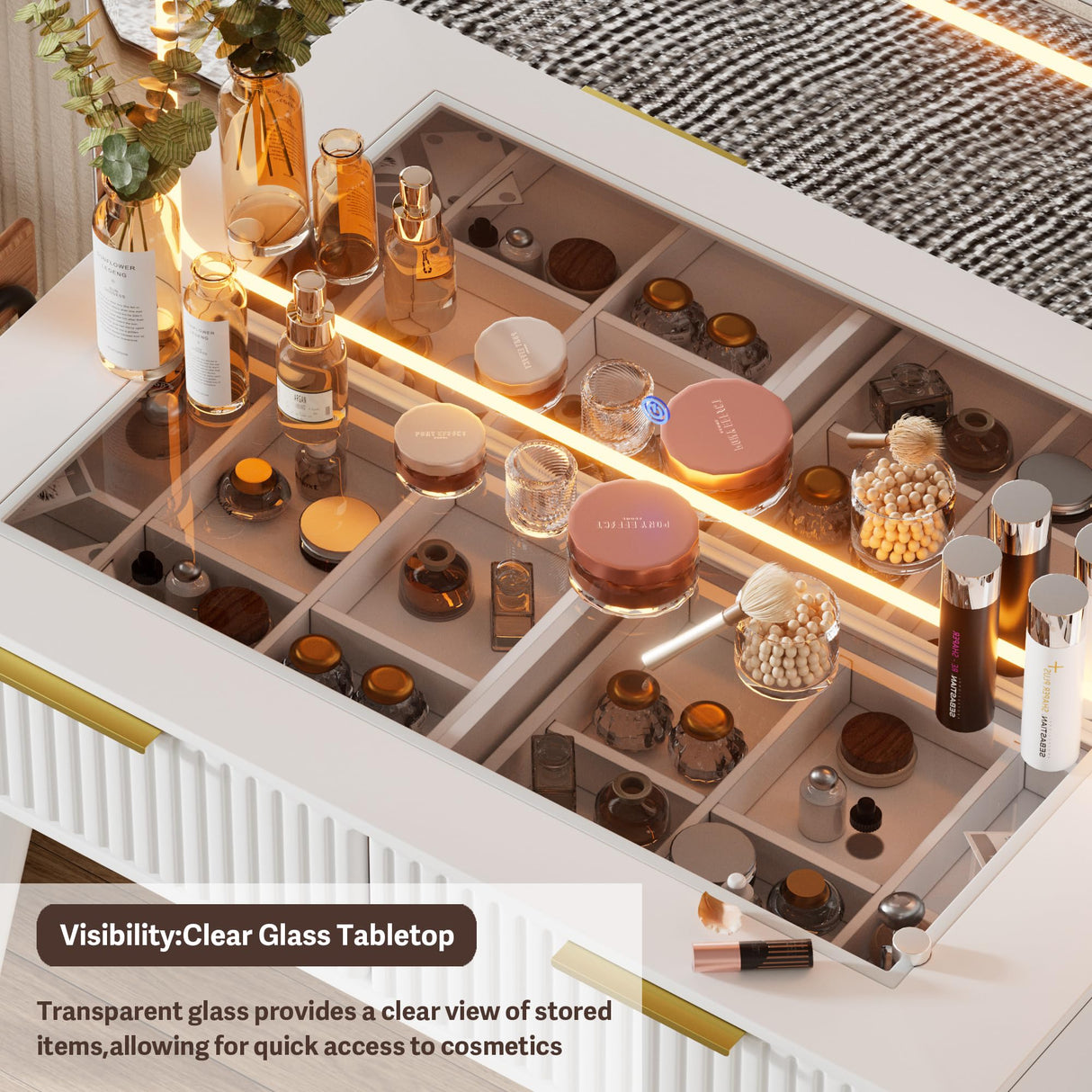 FURNJOYLIFE Makeup Vanity Desk with Mirror and Lights & Charging Station,Modern Glass Top Big Vanity Table with 5 Drawers,Sliding Storage Wall-Mounted Jewelry,3 Shelves for Bedroom,White FURNJOYLIFE