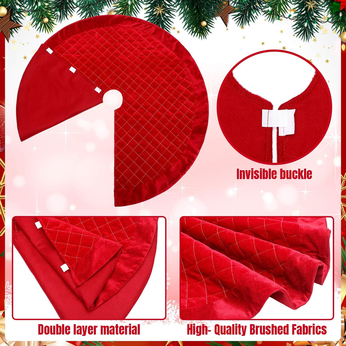 Outus 36 Inch Velvet Christmas Tree Skirt Fit for 5-7 ft Christmas Tree, Red Luxury Plush Fur Skirts with Lattice Center for Xmas Indoor Outdoor Decor Home Supplies Outus